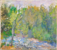 Antique American School Abstract Expressionist Forest Interior Oil Painting