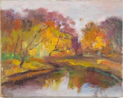 Antique American School Abstract Expressionist Forest Interior Oil Painting