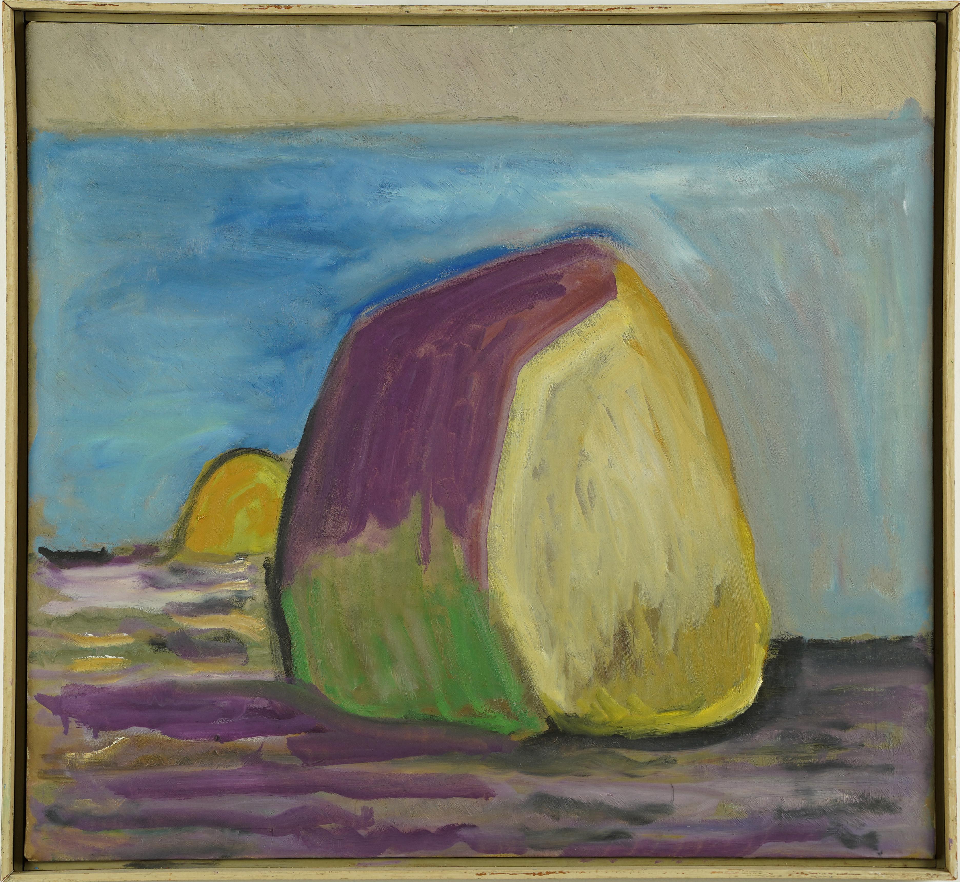 Antique American School Abstract Landscape Fauvist Beach Framed Oil Painting - Gray Landscape Painting by Unknown
