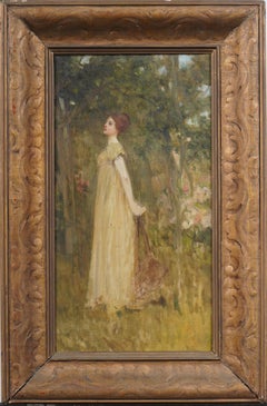 Pittura antica di scuola americana Art Nouveau Elegent Woman in Landscape con cornice