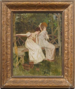 Pittura antica di scuola americana Art Nouveau Elegent Woman in Landscape con cornice