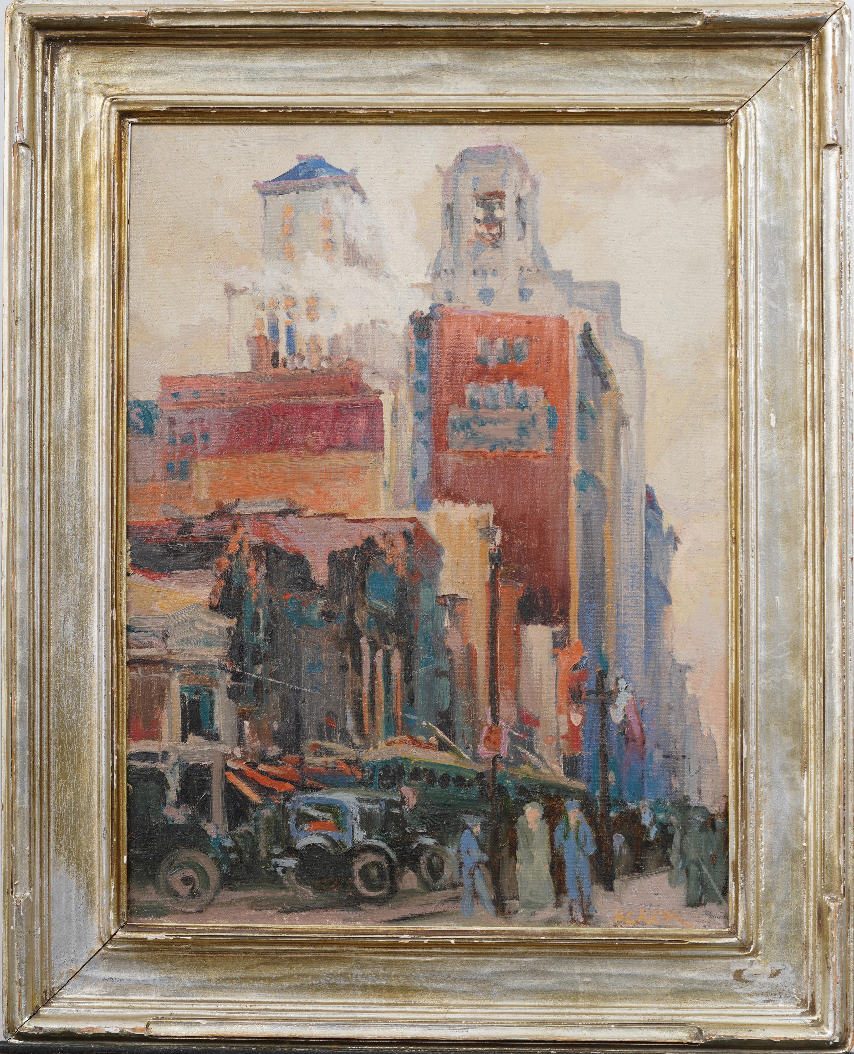 Antiguo cuadro de la Escuela Americana Ashcan Paisaje urbano de Nueva York Firmado Escena callejera - Painting de Unknown