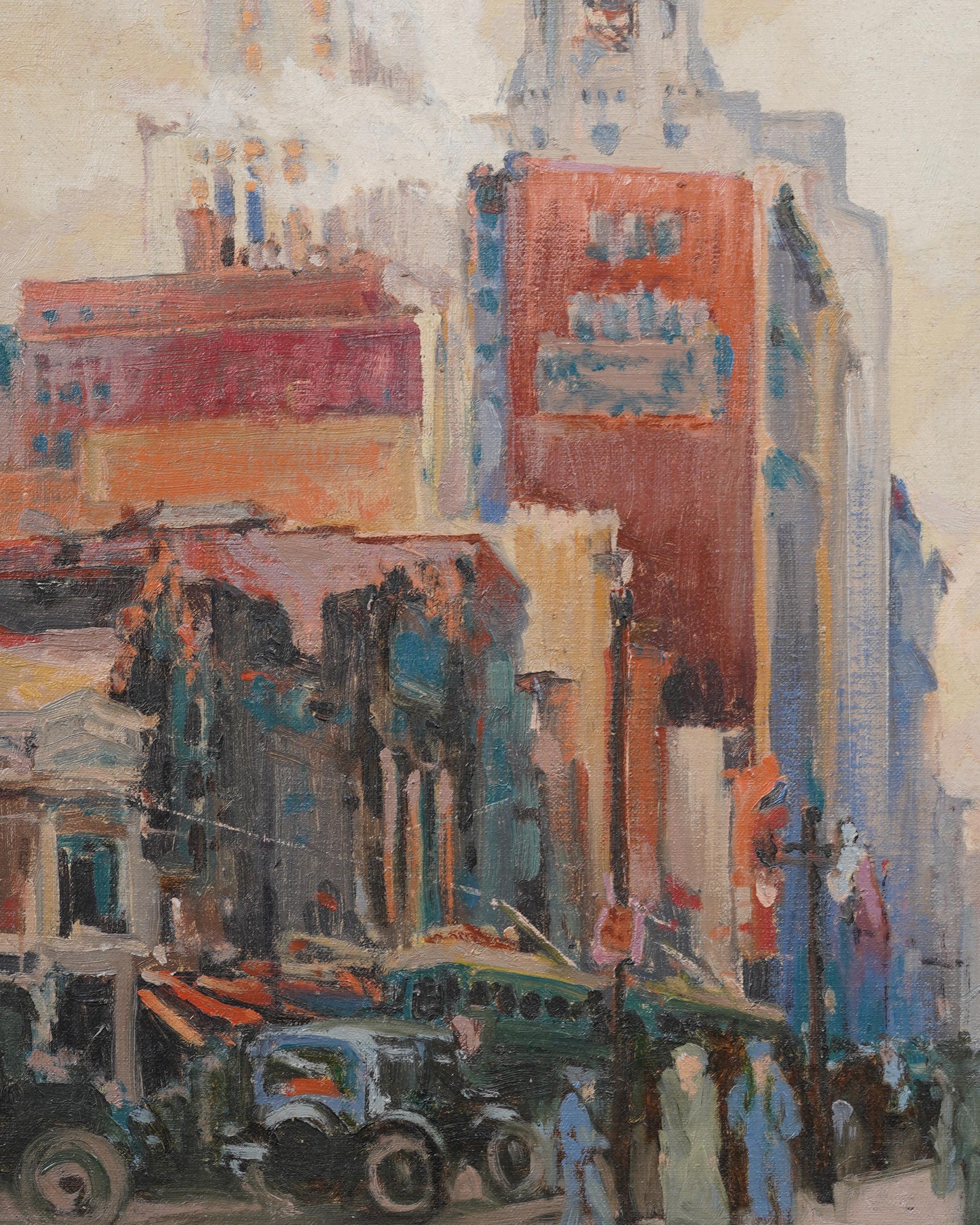 Cuadro al óleo de escena callejera impresionista americana maravillosamente pintado.  Enmarcado.  Óleo sobre tabla.  Firmado.  Tamaño de la imagen, 12H por 16L.