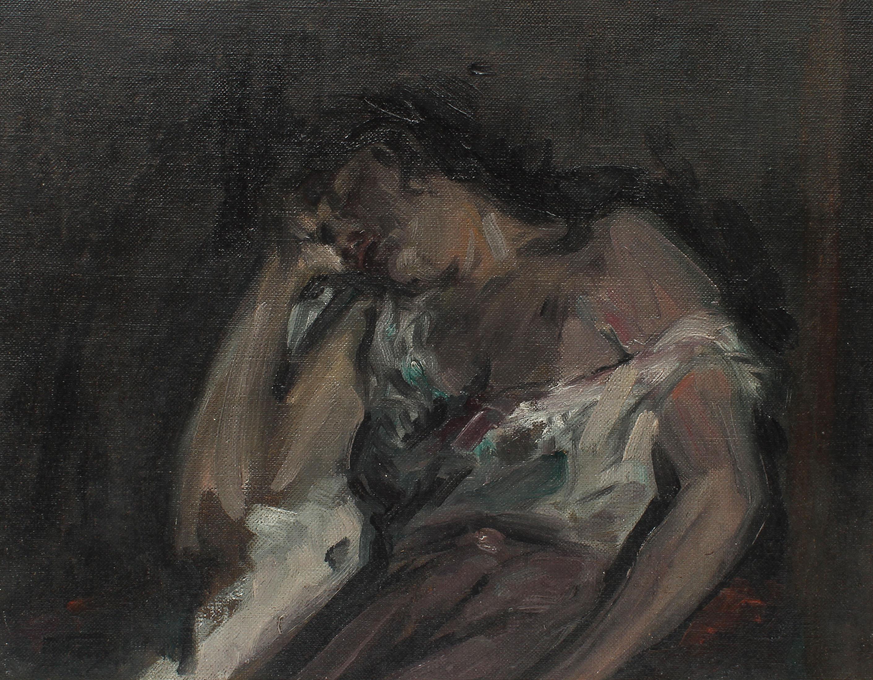 Antique American School Ashcan Portrait Sleeping Woman Original Oil Painting - Black Portrait Painting by Unknown