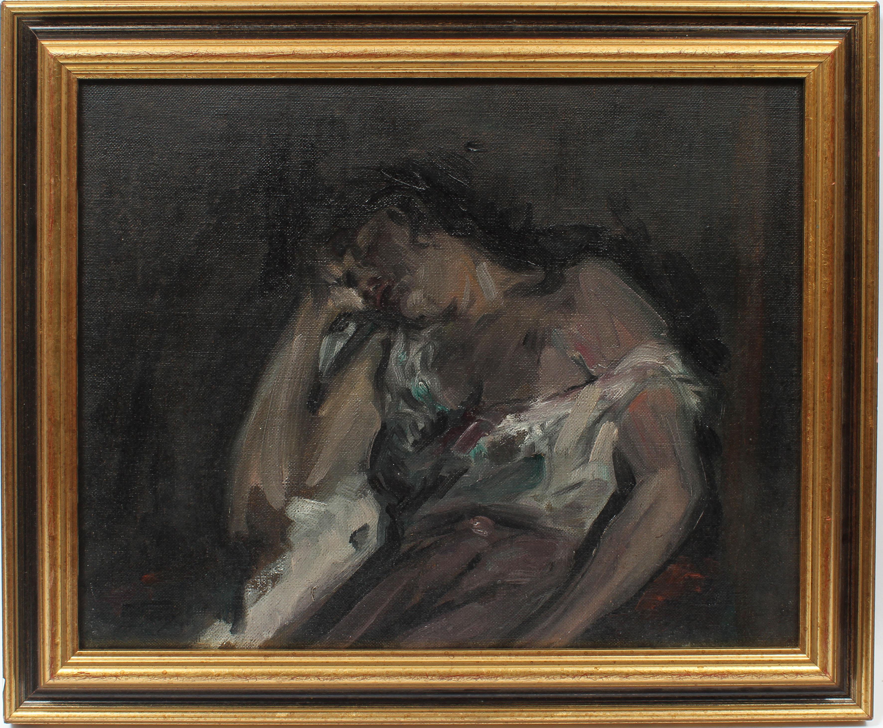 Unknown Portrait Painting - Antique American School Ashcan Portrait Sleeping Woman Original Oil Painting
