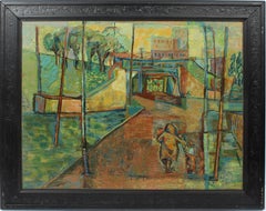 Antique American School Buffalo New York Modernist Cityscape Train Oil Painting