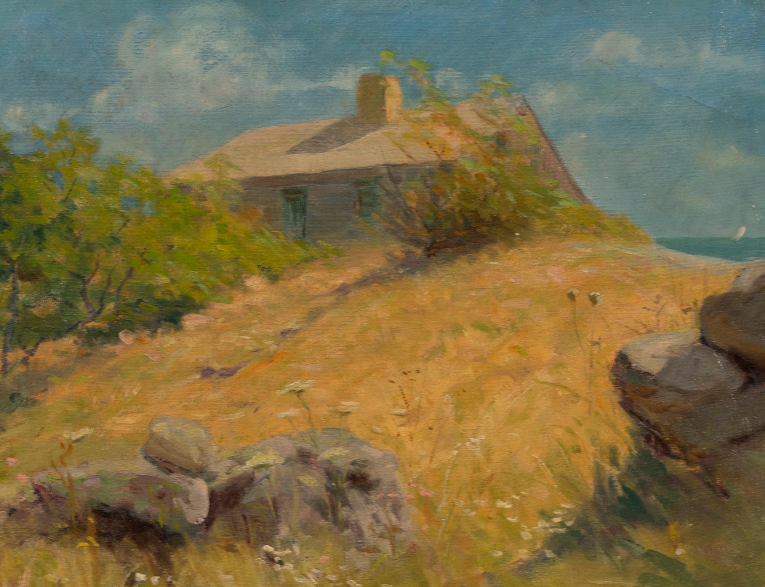 Antique American School Cape Cod House by the Ocean Landscape Oil Painting - Brown Landscape Painting by Unknown