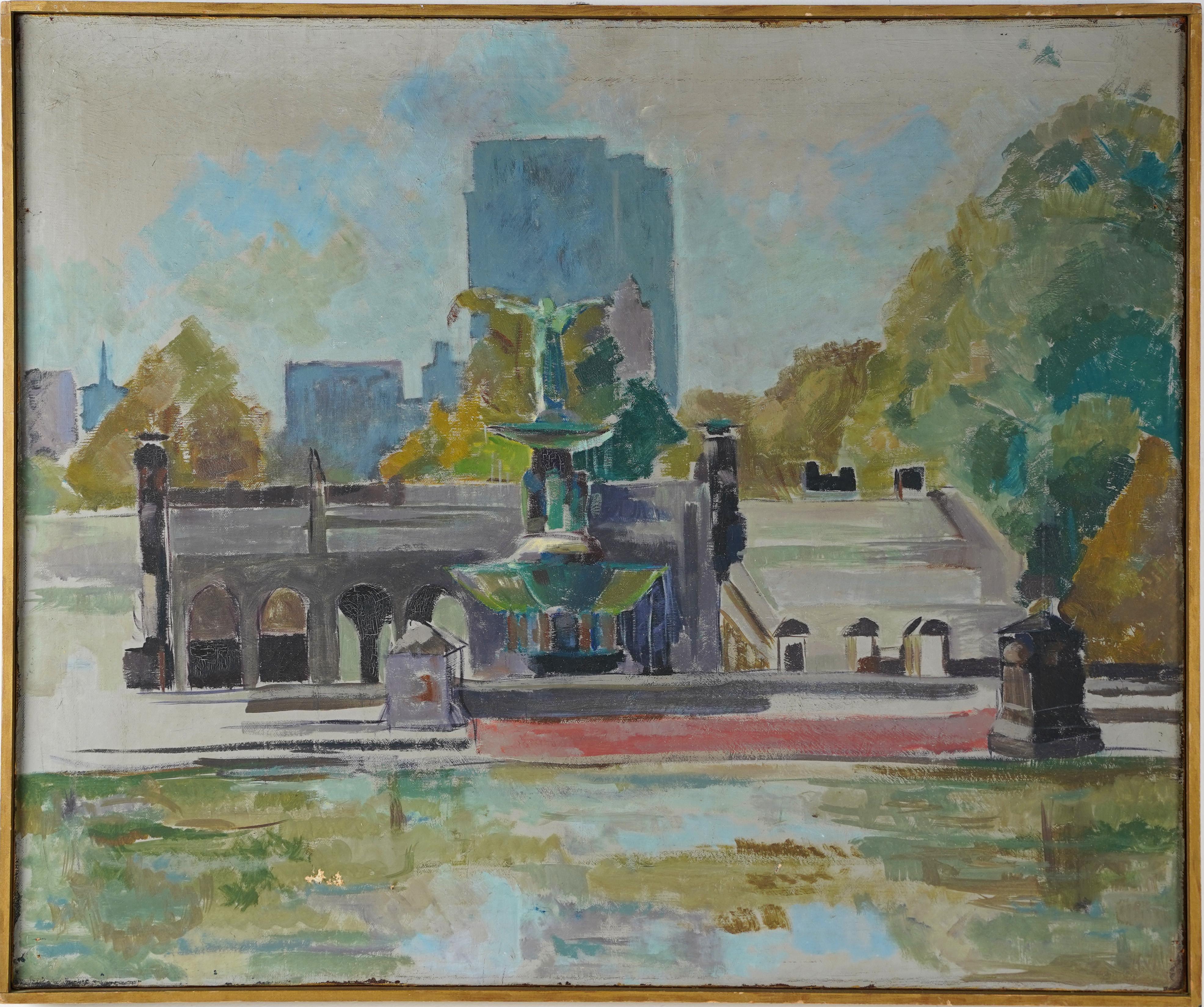 Antique American impressionist central park oil painting.  Oil on canvas. Framed.  Image size, 30L x 25H.