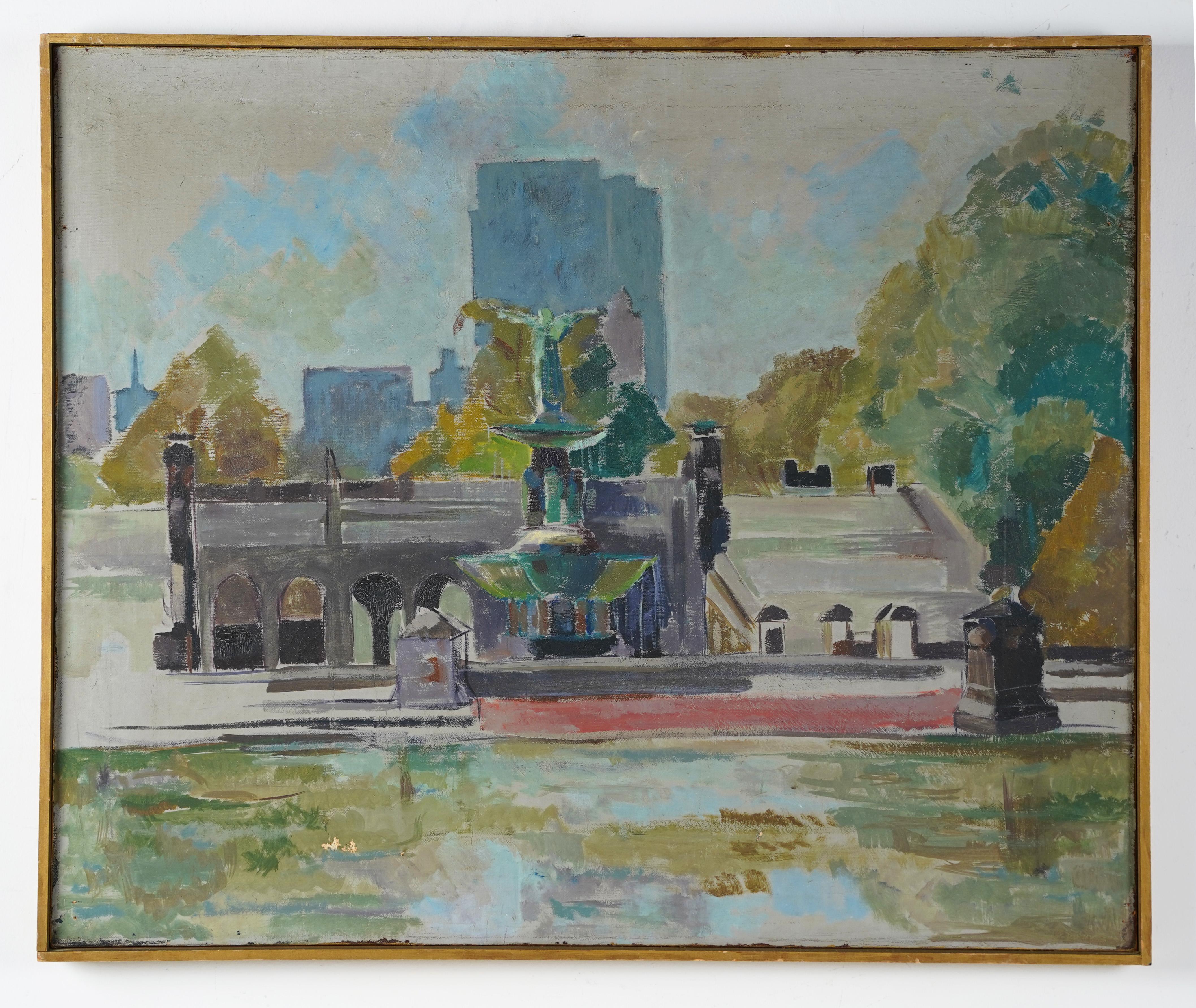  Antique American School Central Park Iconic Landscape Rare Framed Oil Painting For Sale 1