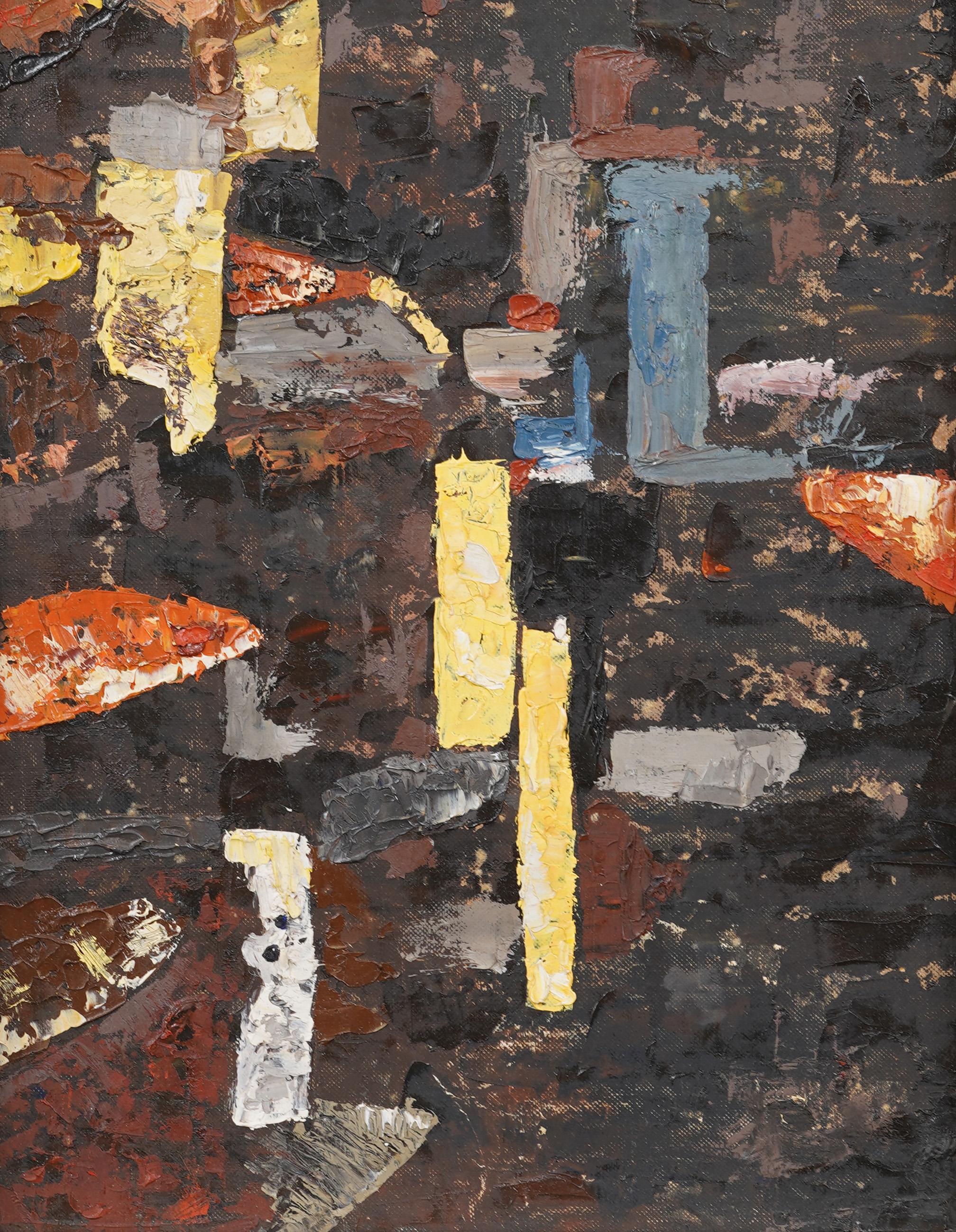 Ancienne peinture à l'huile moderniste américaine représentant un paysage urbain. Huile sur toile. Encadré. Dimensions : 21 x 17 pouces sur l'ensemble, et 12 x 16 pouces pour la peinture seule...  En excellent état d'origine. Joliment encadrée dans
