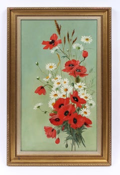 Antique American School Classical Flower Still Life Original Large Oil Painting