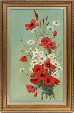 Antique American School Classical Flower Still Life Original Large Oil Painting