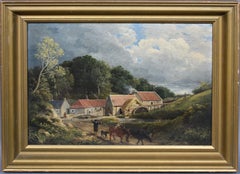 Antique American School Coastal Farm Landscape Signed Cow Horse Oil Painting '66
