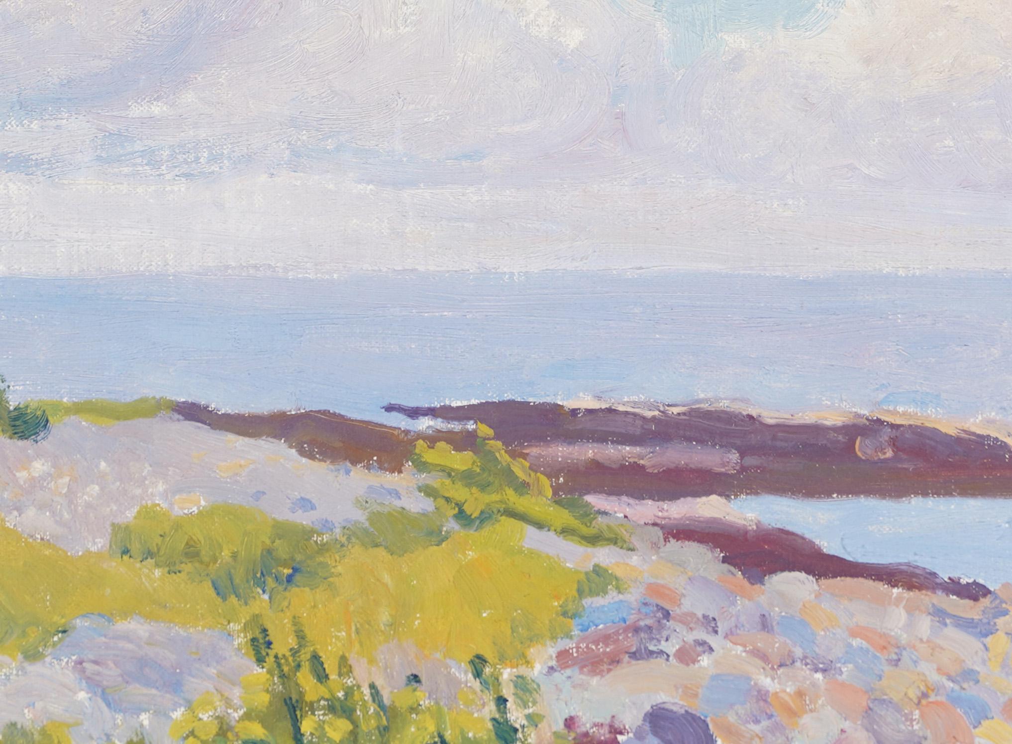 Antique American School Coastal Impressionist Summer Lake Landscape Oil Painting 1