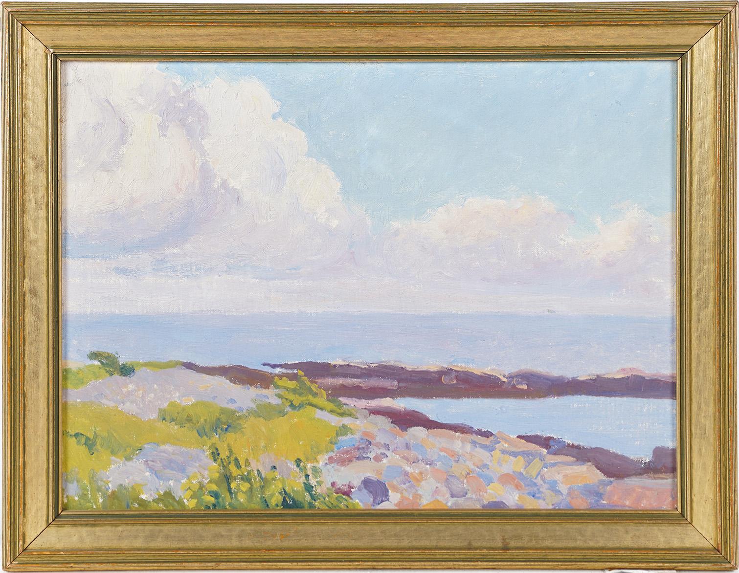 Unknown Landscape Painting - Antique American School Coastal Impressionist Summer Lake Landscape Oil Painting
