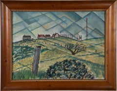 Antique American School Cubist Modern Farm Landscape Framed Signed Oil Painting