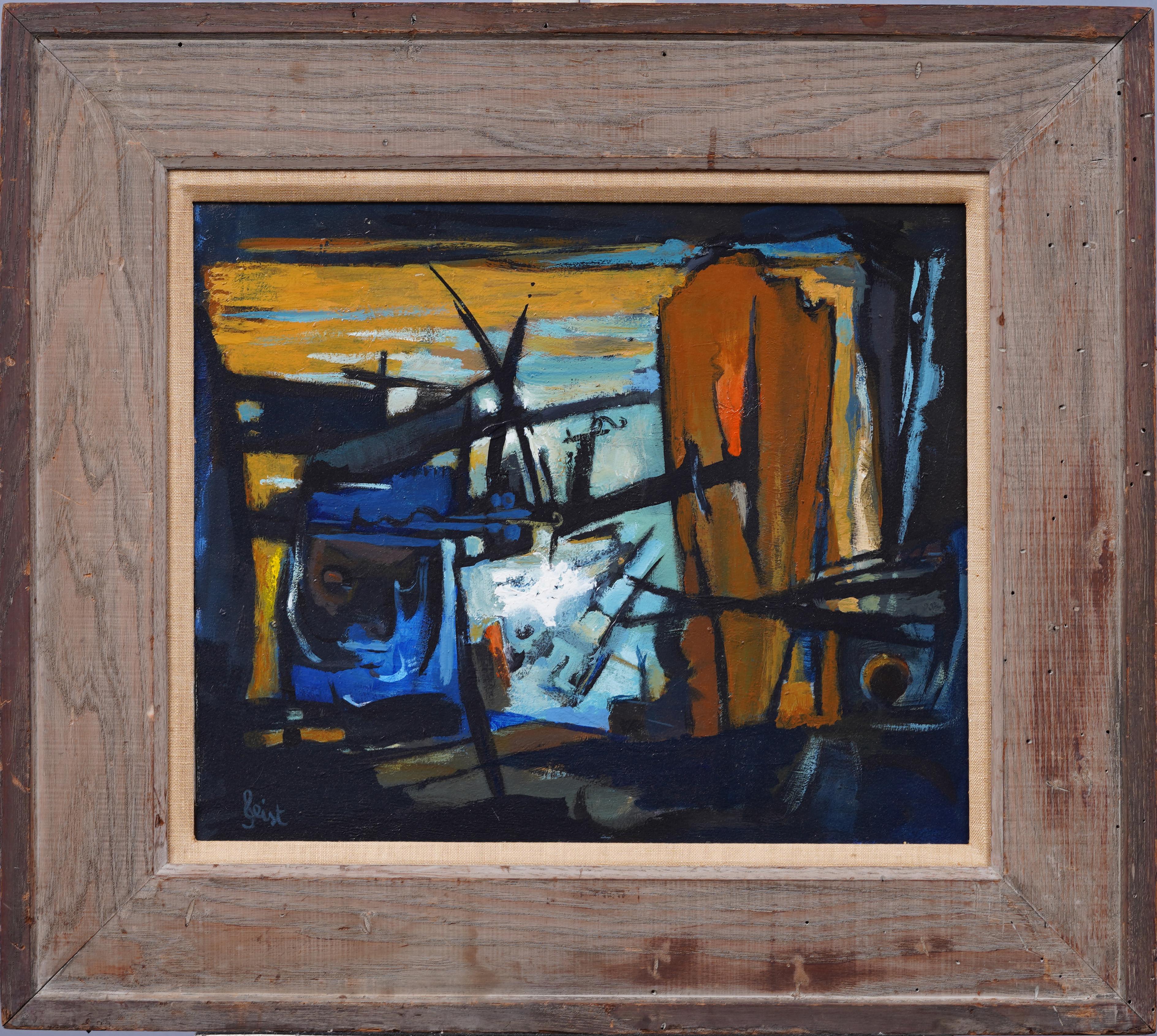 Antico cubista di scuola americana firmato  Pittura ad olio astratta con cornice - Painting di Unknown
