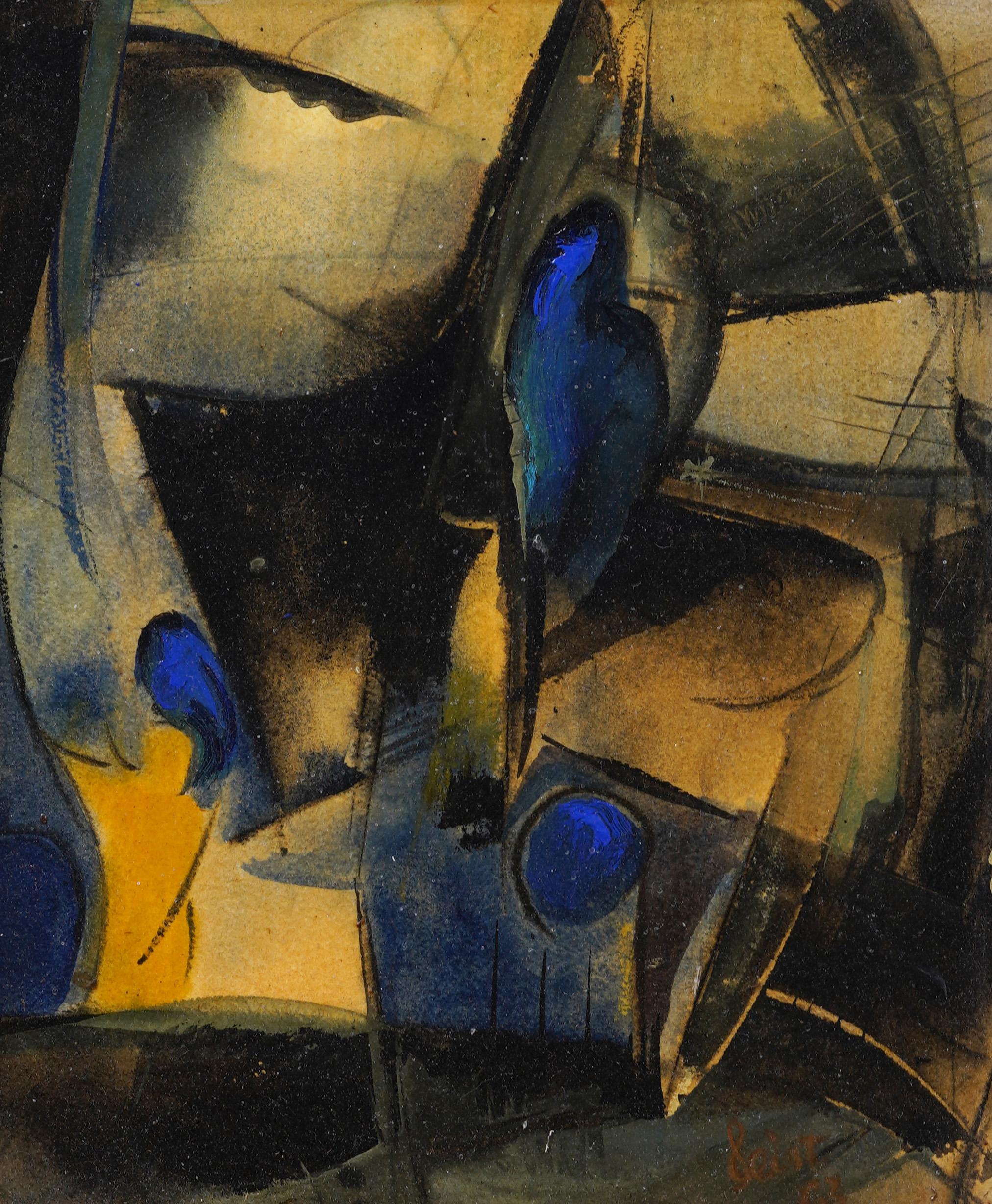 Antiguo Cubista de la Escuela Americana Firmado  Pintura al óleo abstracta enmarcada - Abstract Painting Marrón de Unknown
