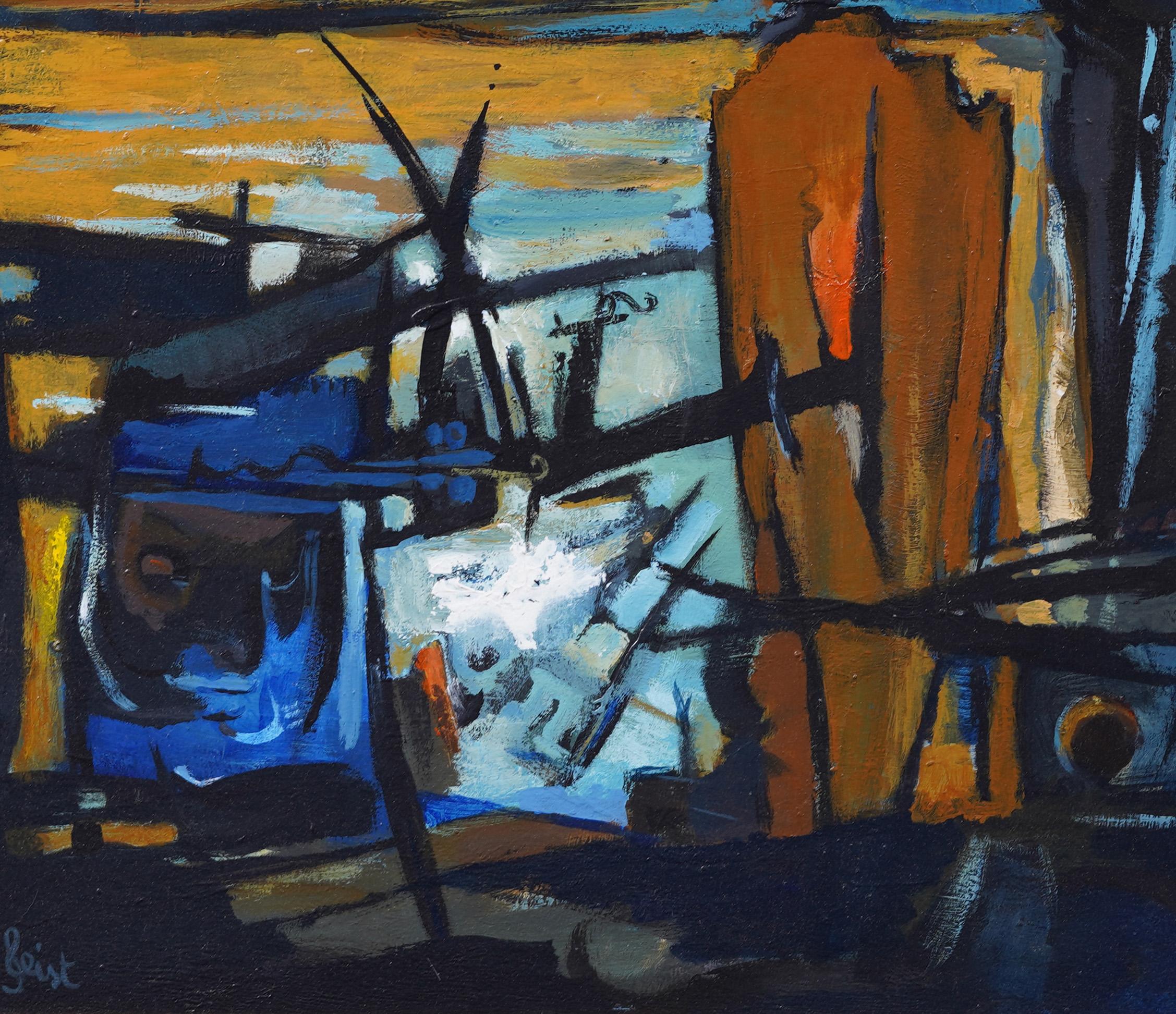 Antico cubista di scuola americana firmato  Pittura ad olio astratta con cornice - Landscape Painting Grigio di Unknown
