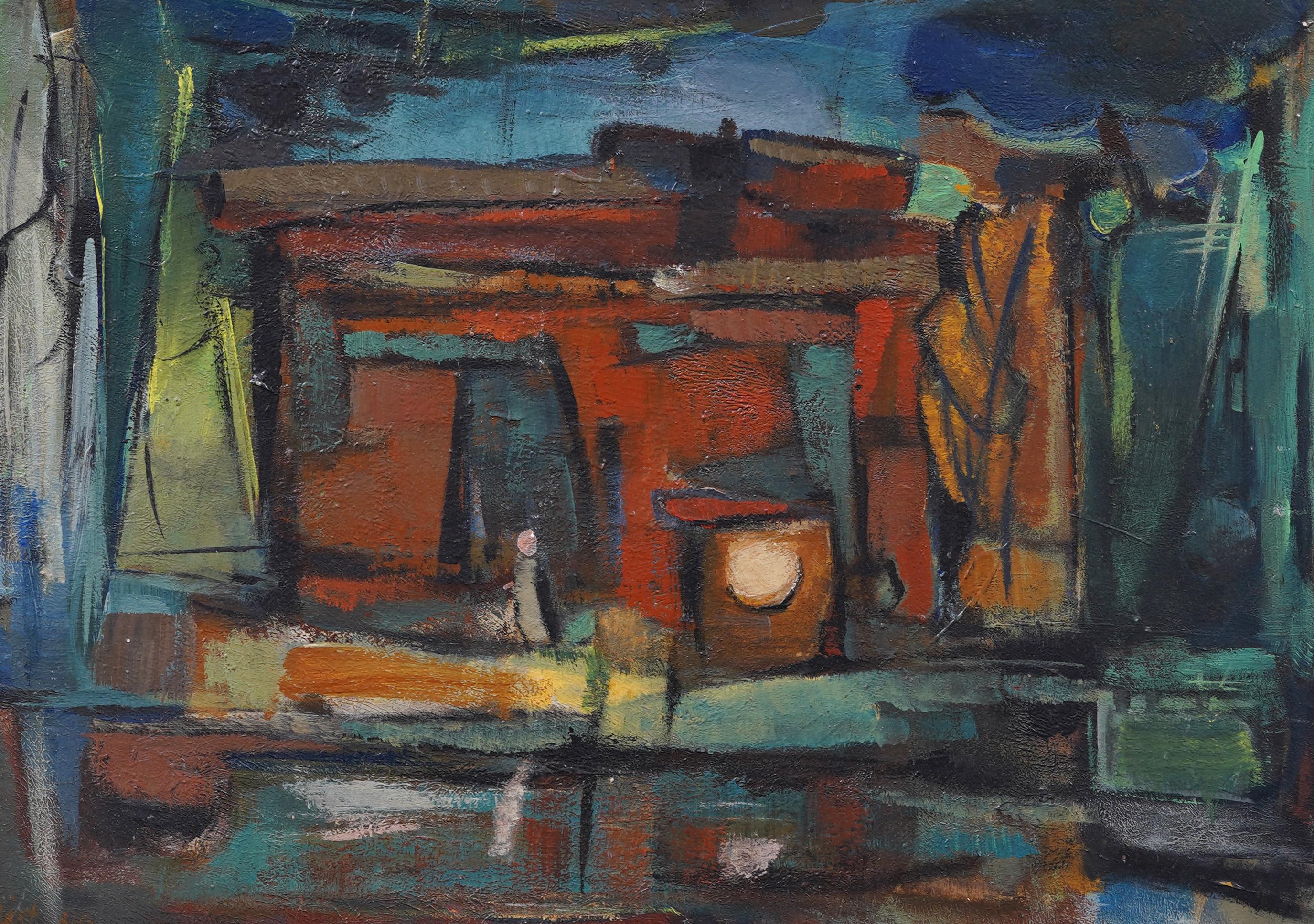 Antico dipinto ad olio astratto di scuola americana cubista firmato, raro e precoce, incorniciato - Landscape Painting Nero di Unknown