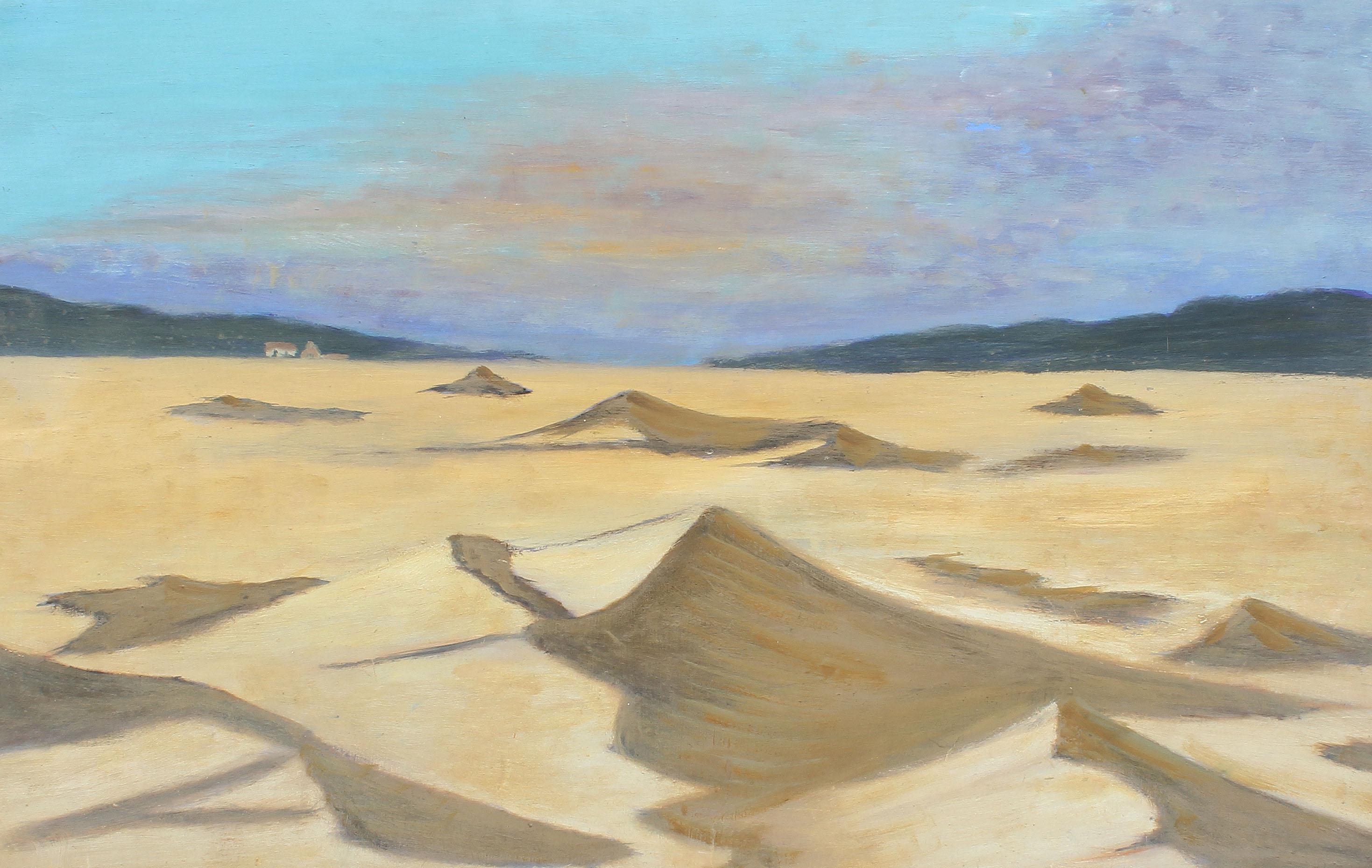 Antique American impressionist desert beach dune oil painting.  Oil on board, circa 1940. Unsigned.  Displayed in a period giltwood frame.  Image, 24