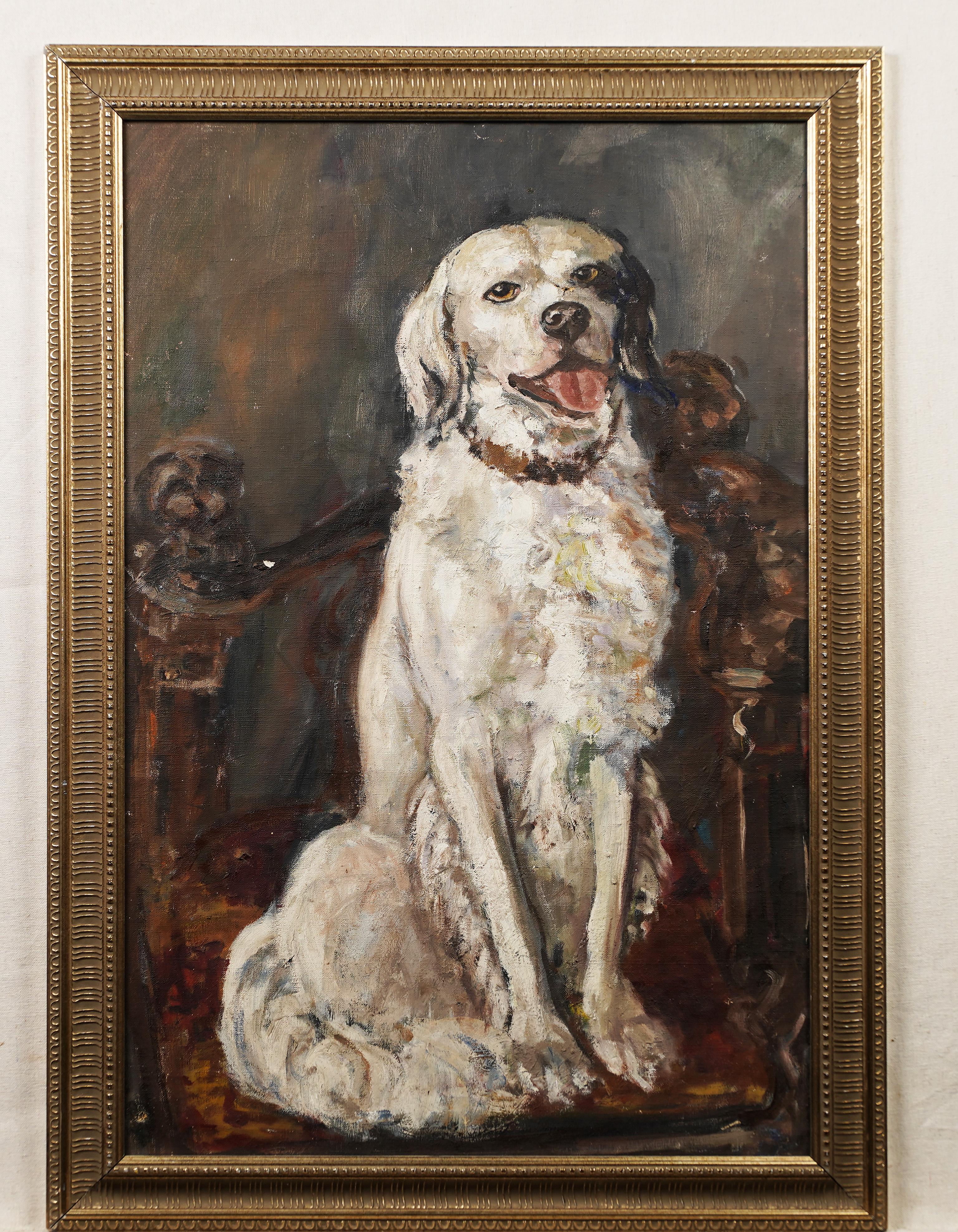 Antico ritratto di cane della scuola americana, dipinto ad olio con cornice originale di animale regale - Painting Impressionismo di Unknown