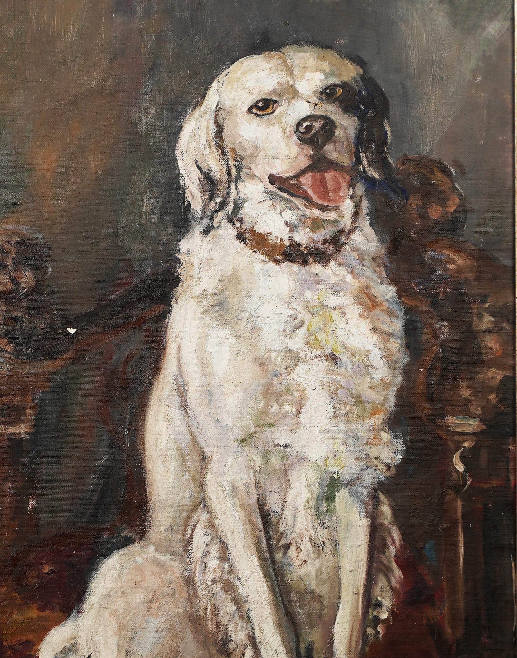 Antico ritratto di cane impressionista americano dipinto a olio.  Olio su tela.  Incorniciato. 