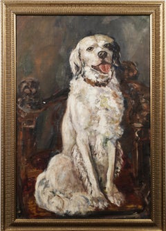 Antique American School Dog Portrait Original Framed Regal Animal Oil Painting