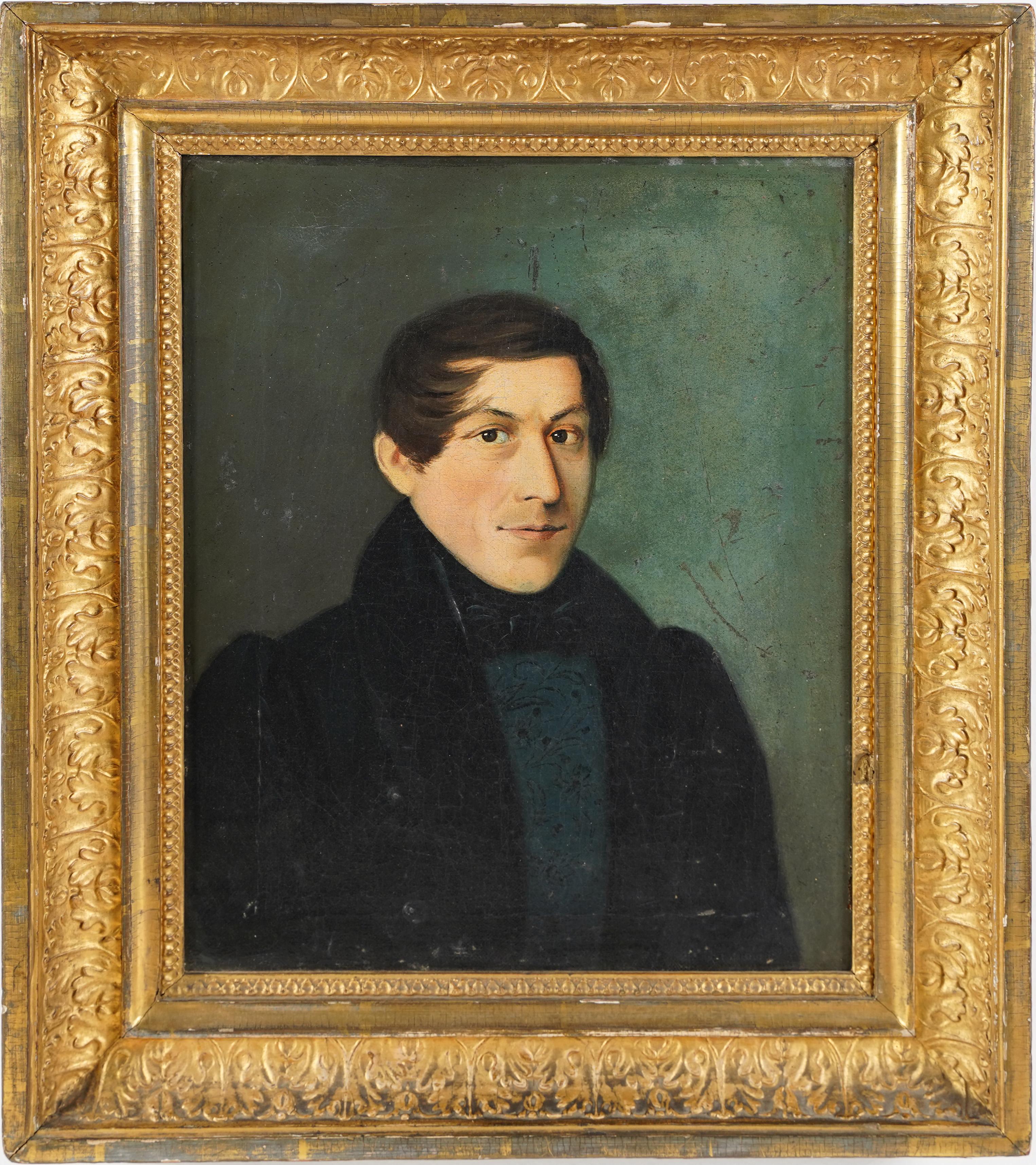 Unknown Portrait Painting -  Antique American School Early 1837 Regal Young Male Portrait Oil Painting