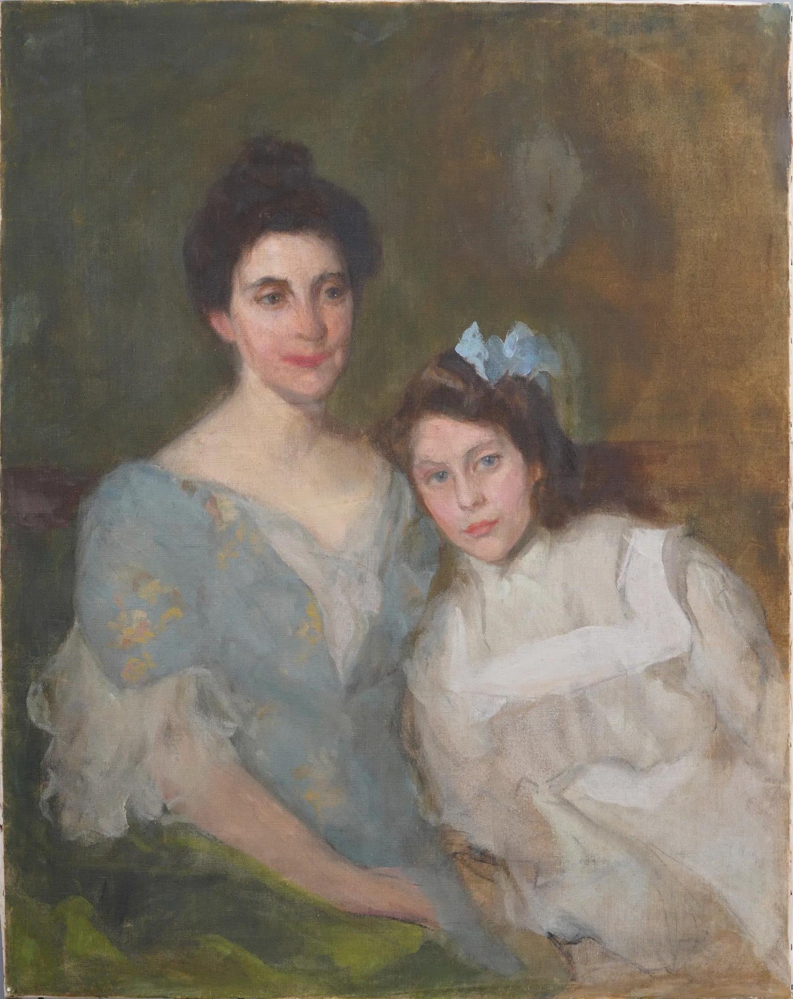 Antique American School Early Impressionist Family Portrait Rare Oil Painting - Gray Portrait Painting by Unknown