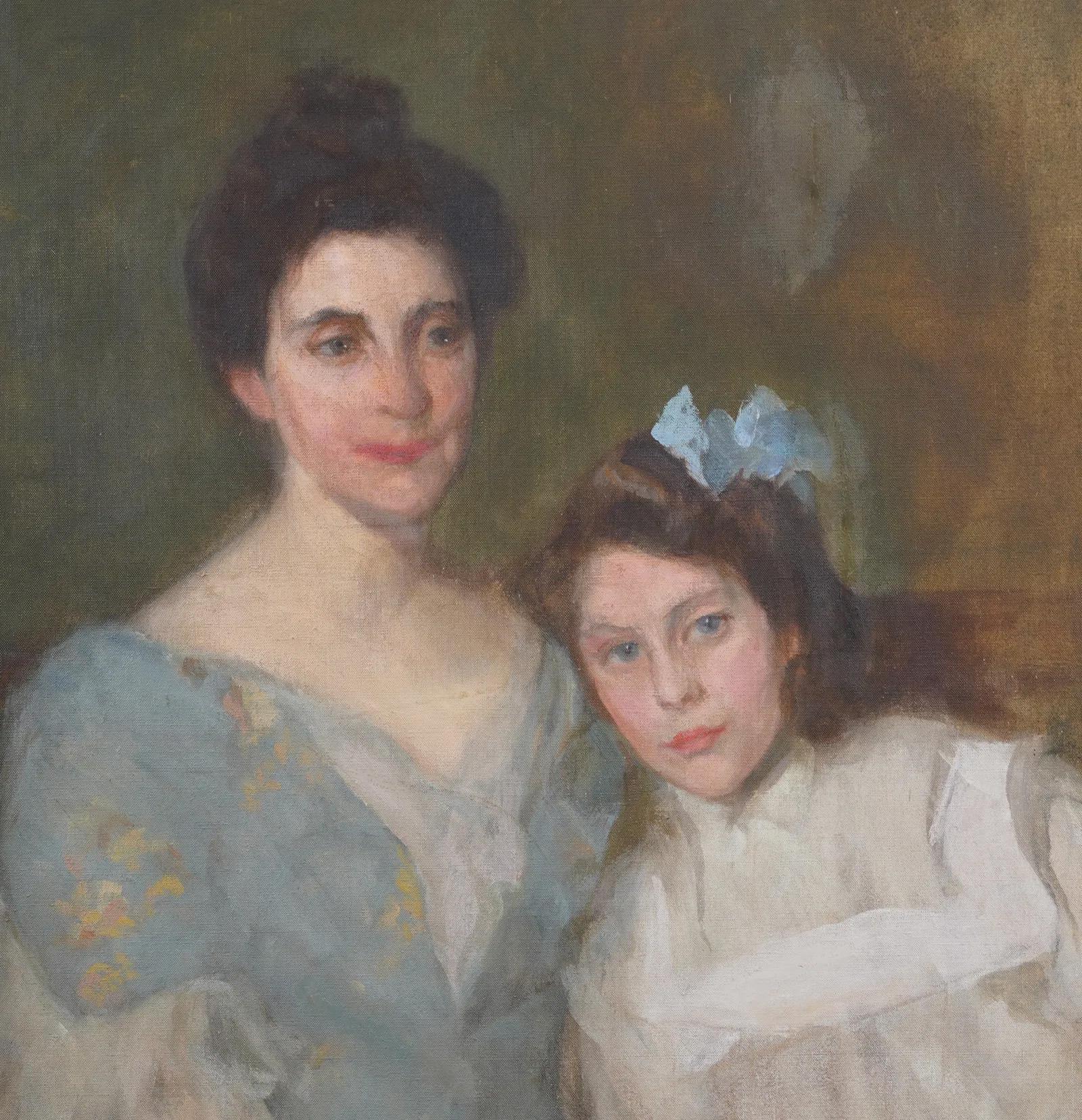 Wonderful American school impressionist family portrait oil painting.  Oil on canvas.  Image size, 38H by 30L.