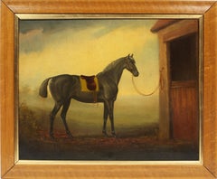 Antique American School Equestrian Horse Portrait Black Stallion Oil Painting