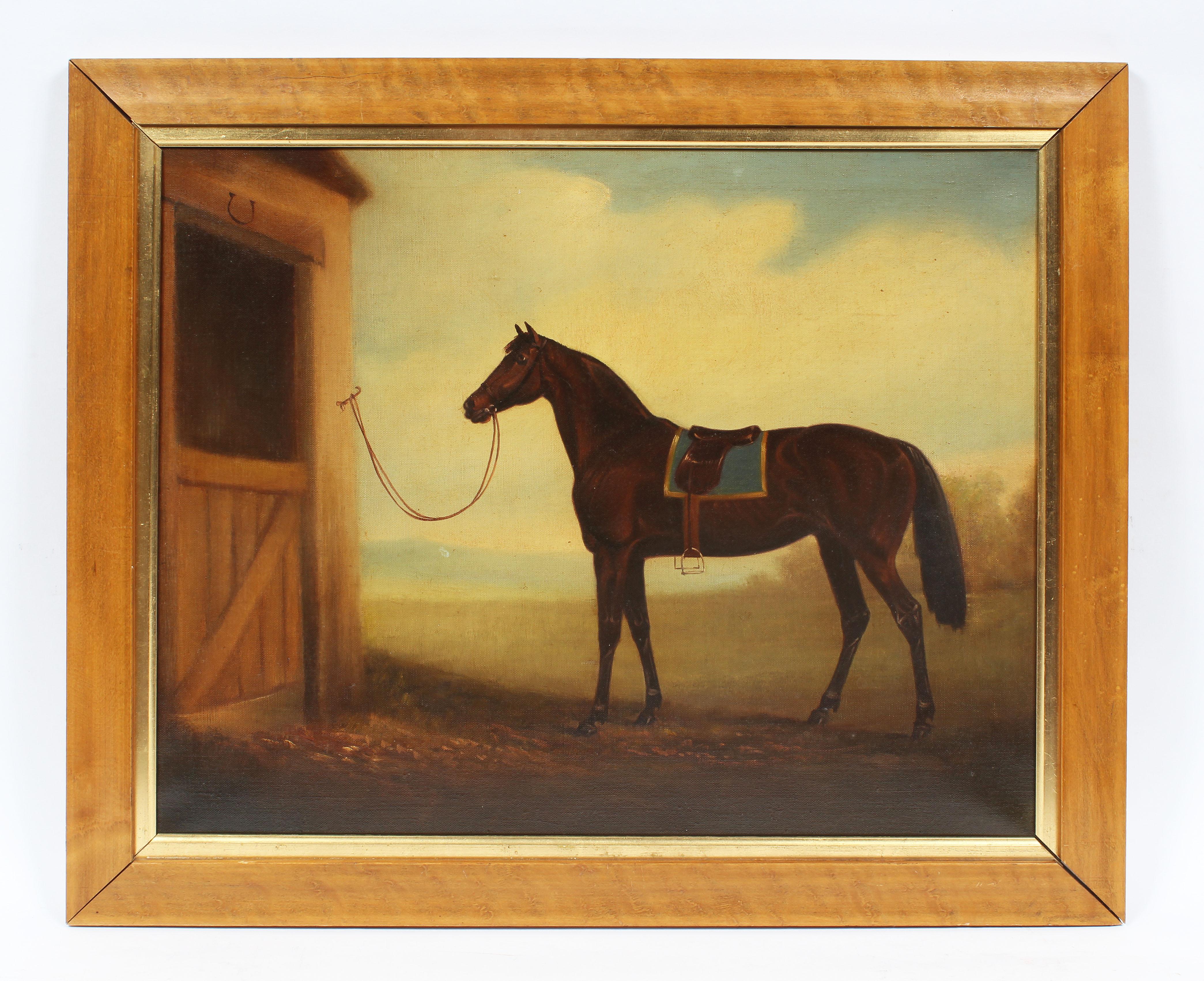 Antique American school horse portrait oil painting .  Oil on canvas, circa 1880. Signed on verso illegibly.  Displayed in a wood frame.  Image, 22