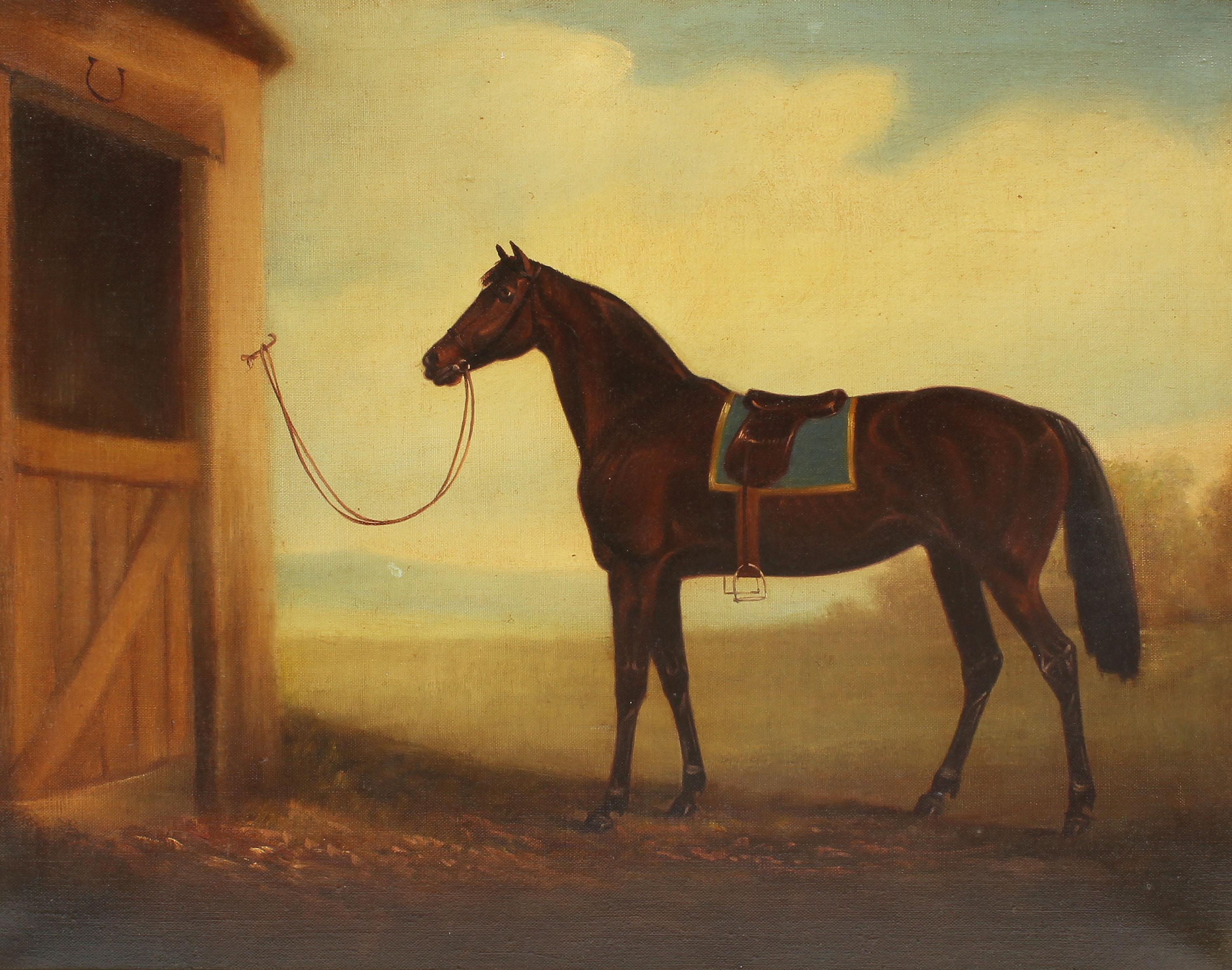 Antique American School Equestrian Horse Portrait Brown Stallion Oil Painting 1