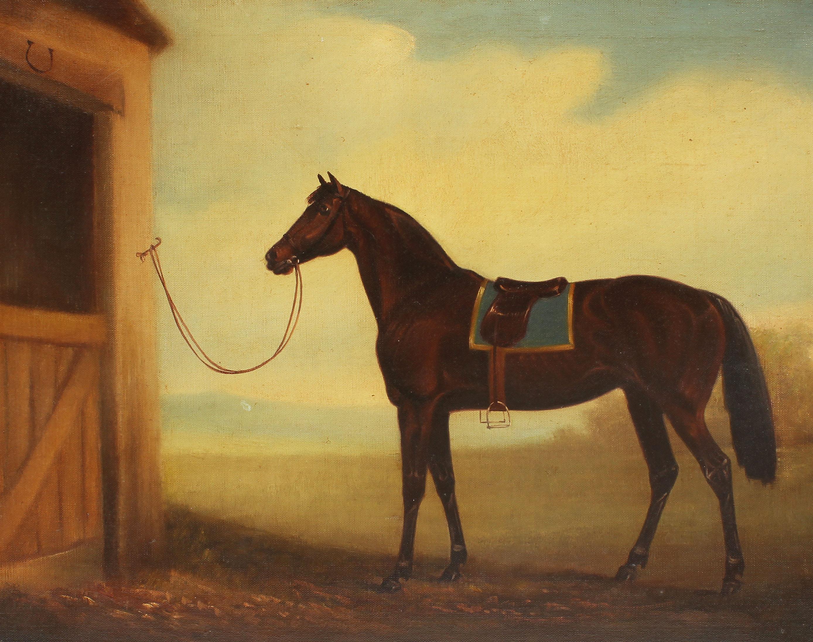 Antique American School Equestrian Horse Portrait Brown Stallion Oil Painting 2