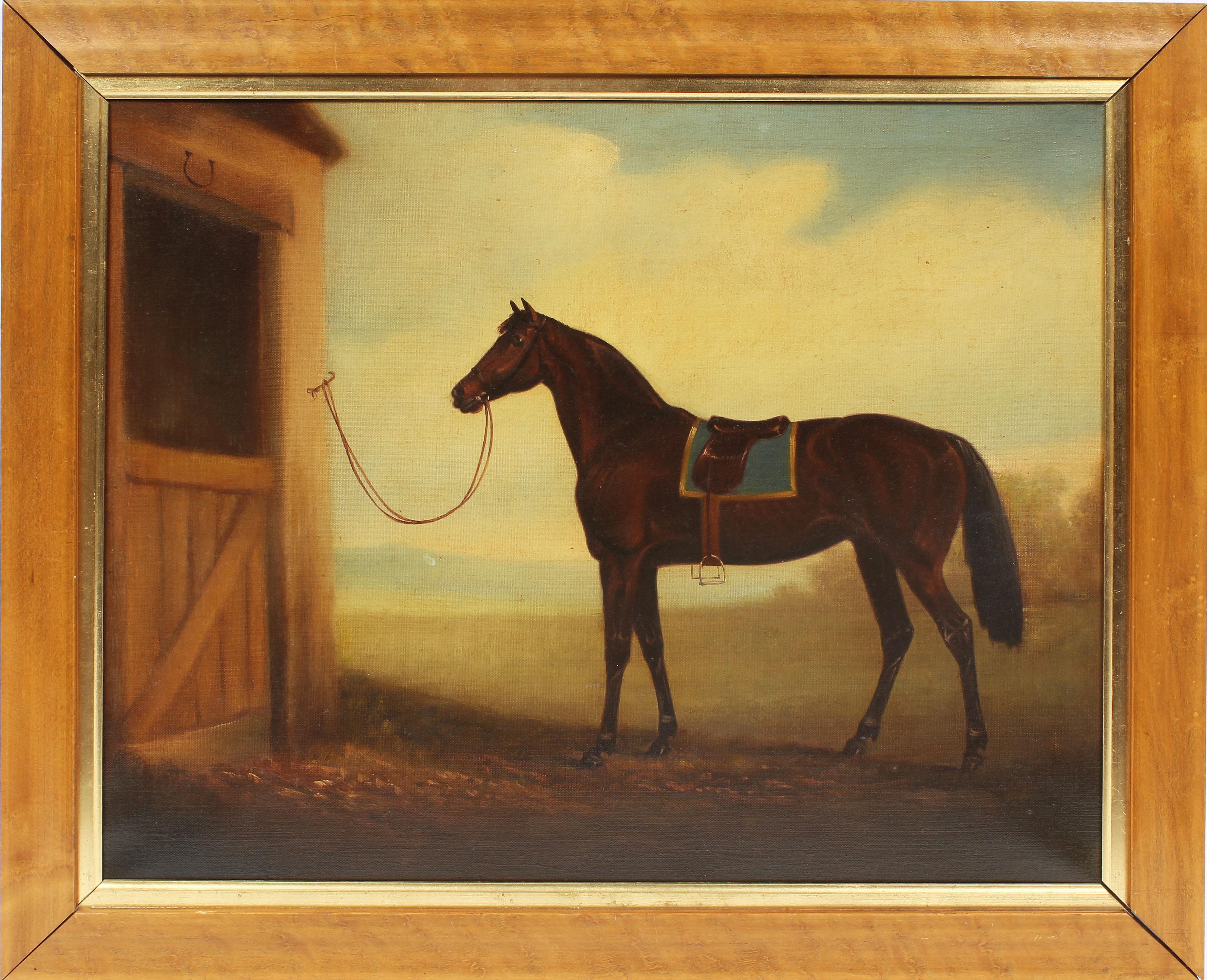 Unknown Animal Painting - Antique American School Equestrian Horse Portrait Brown Stallion Oil Painting