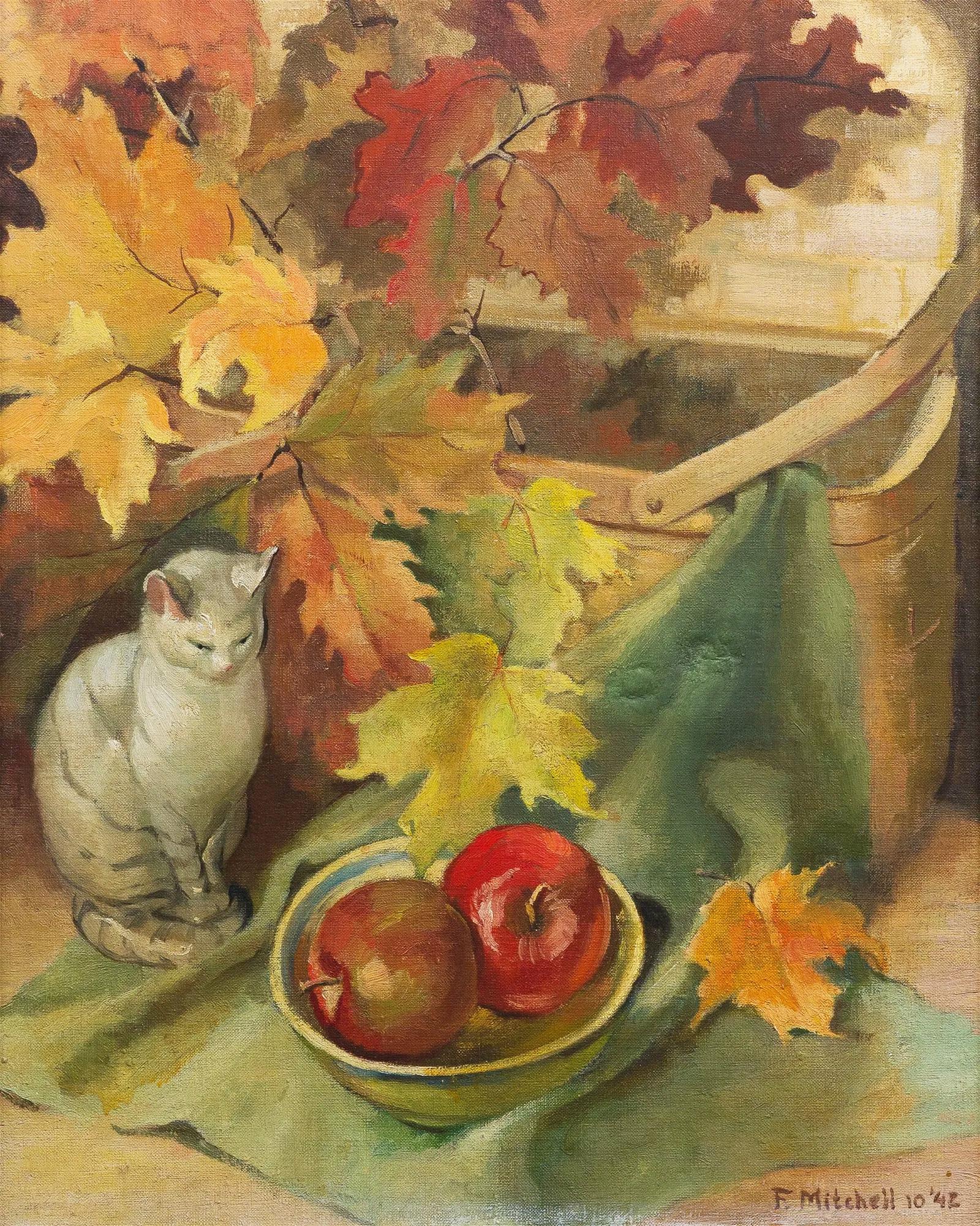 Antique American School Fall Cat Still Life Framed Impressionist Oil Painting For Sale 1