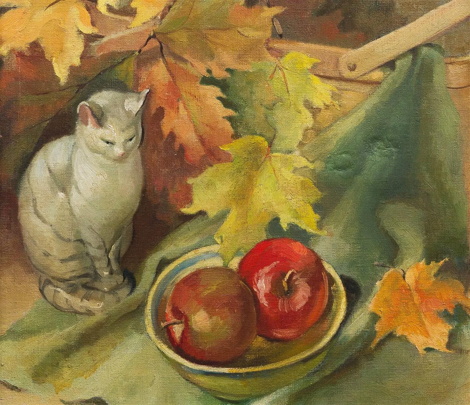 Antique American School Fall Cat Still Life Framed Impressionist Oil Painting For Sale 2