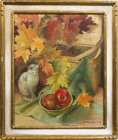 Antique American School Fall Cat Still Life Framed Impressionist Oil Painting