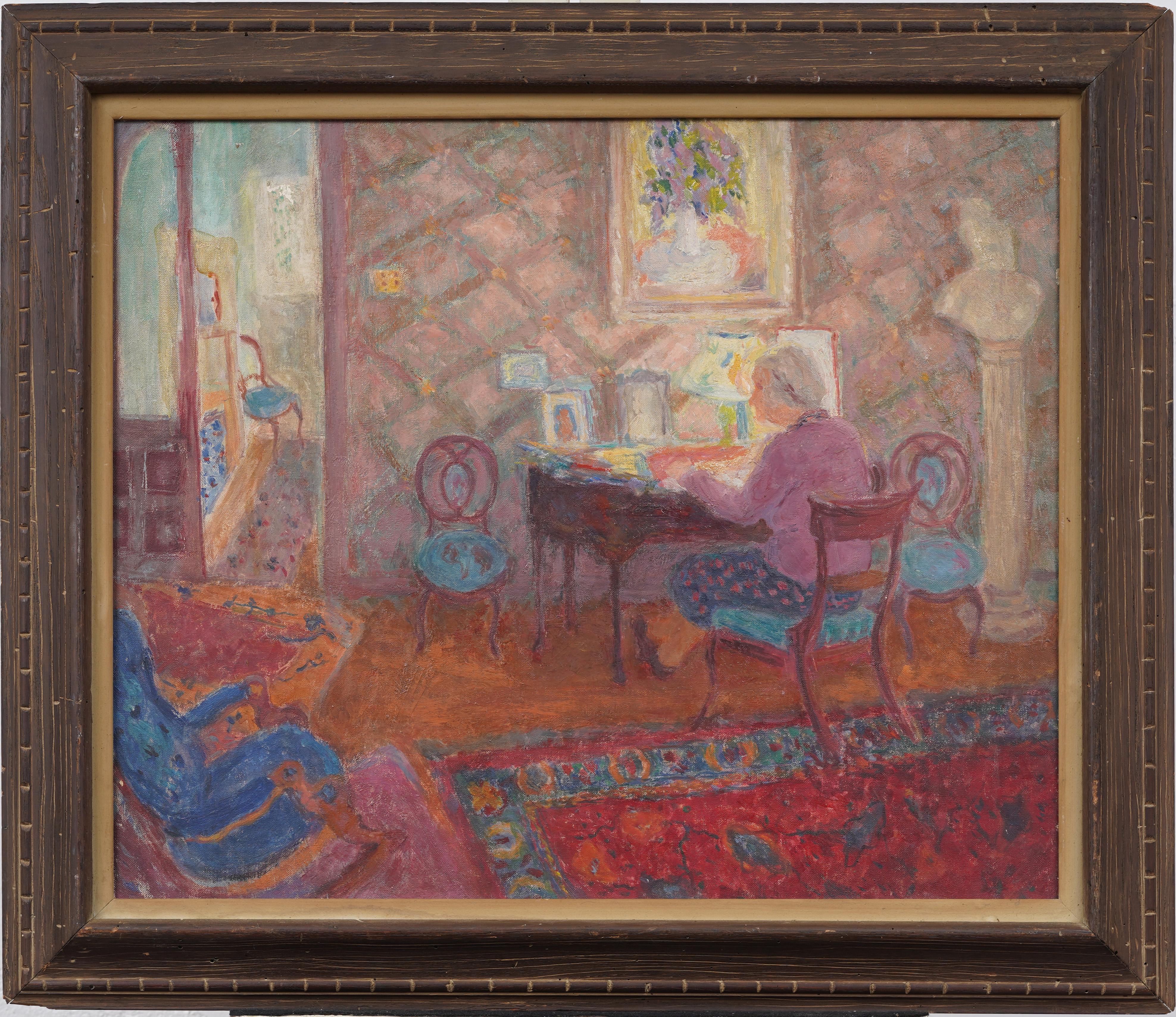 Antico dipinto ad olio originale di scuola americana Fauvist con cornice
