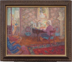 Pintura al Óleo Original Enmarcada Antigua Escena Interior Fauvista de la Escuela Americana