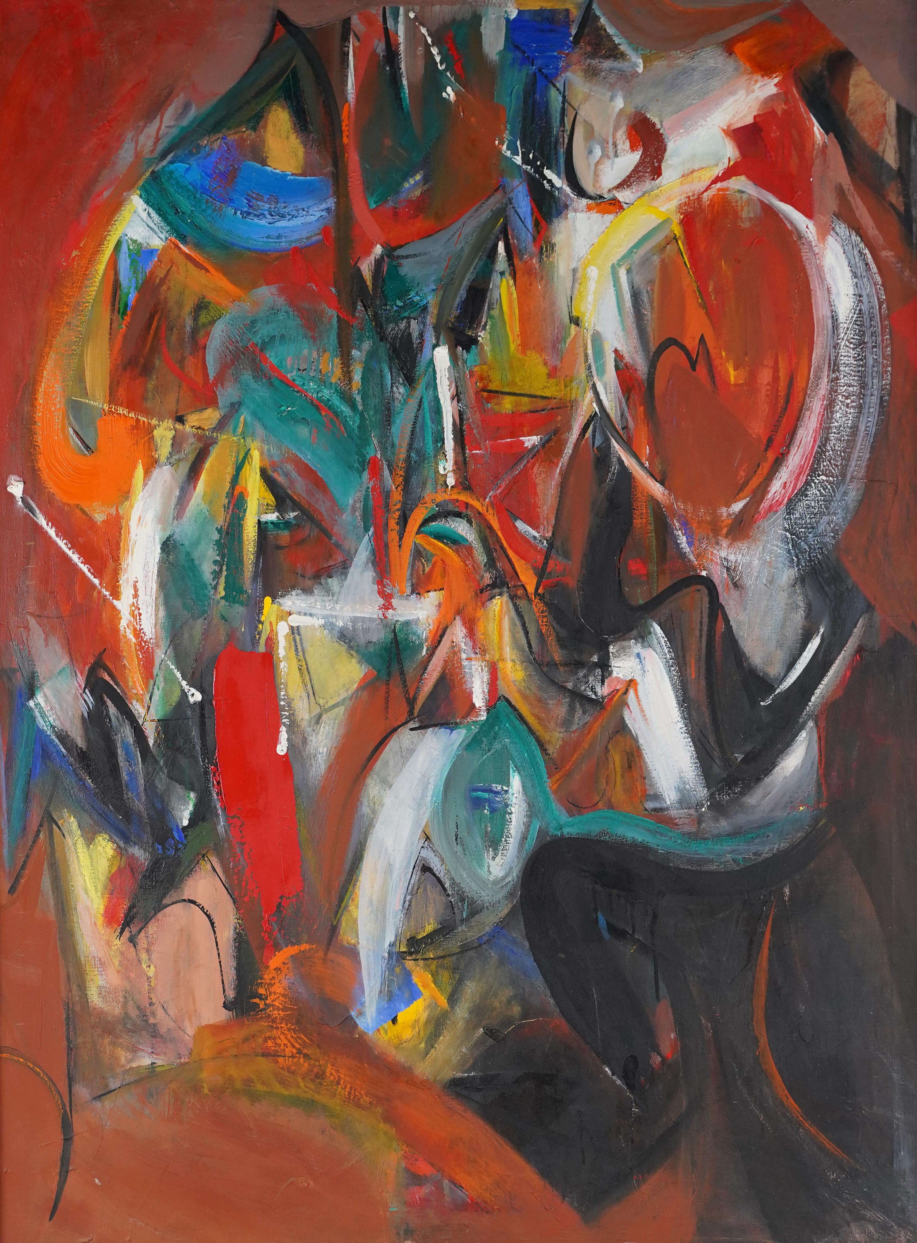 Antico dipinto a olio firmato da un'artista femminile di scuola americana, espressionista astratto - Abstract Painting Marrone di Unknown