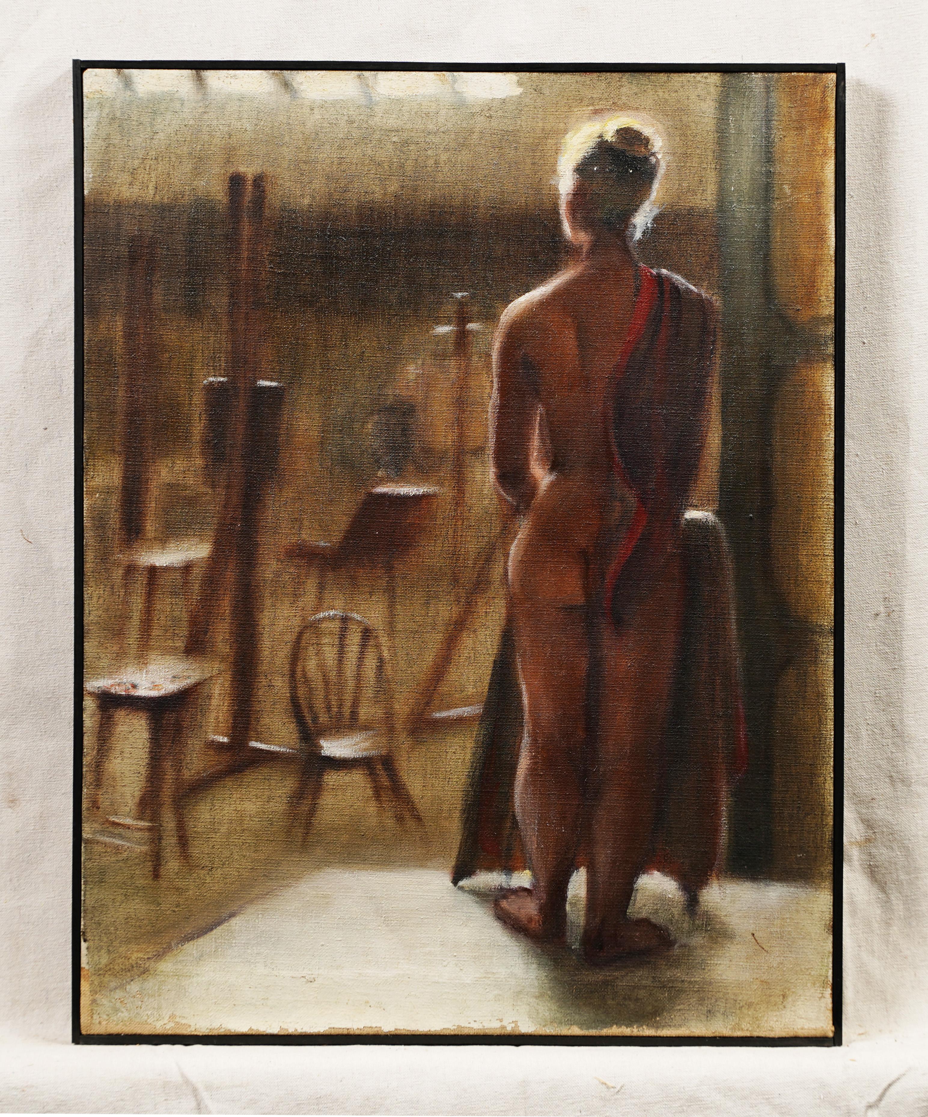  Antique American School Framed Artist Studio Nude Woman Portrait Oil Painting - Brown Nude Painting by Unknown