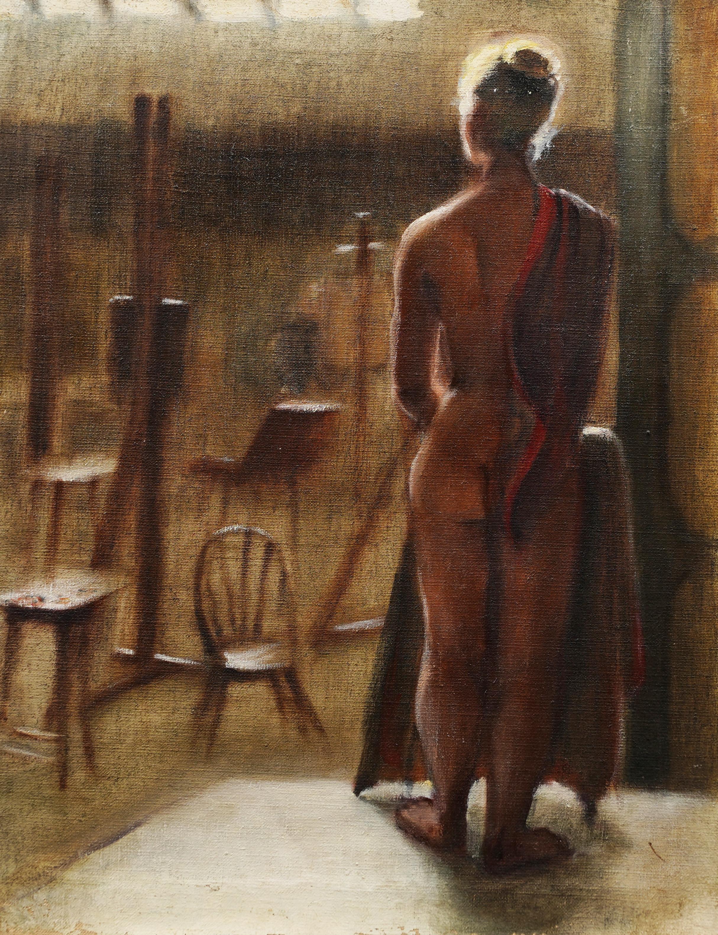 Antique American modernist interior scene with a nude woman oil painting.  Oil on canvas.  Framed.  Image size, 22L x 26H.