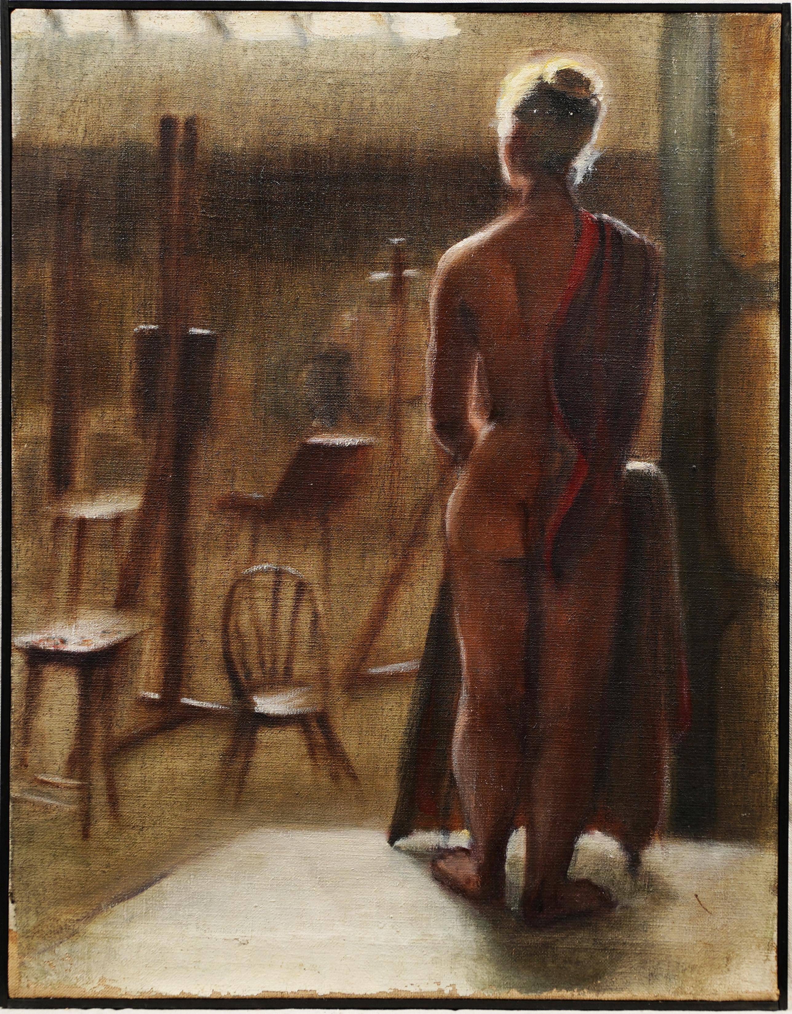  Ancienne peinture à l'huile encadrée de l'école américaine Artist Studio Nude Woman Portrait