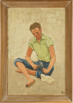 Antico dipinto ad olio di scuola americana con cornice, esposto da un artista che scolpisce e ritrae