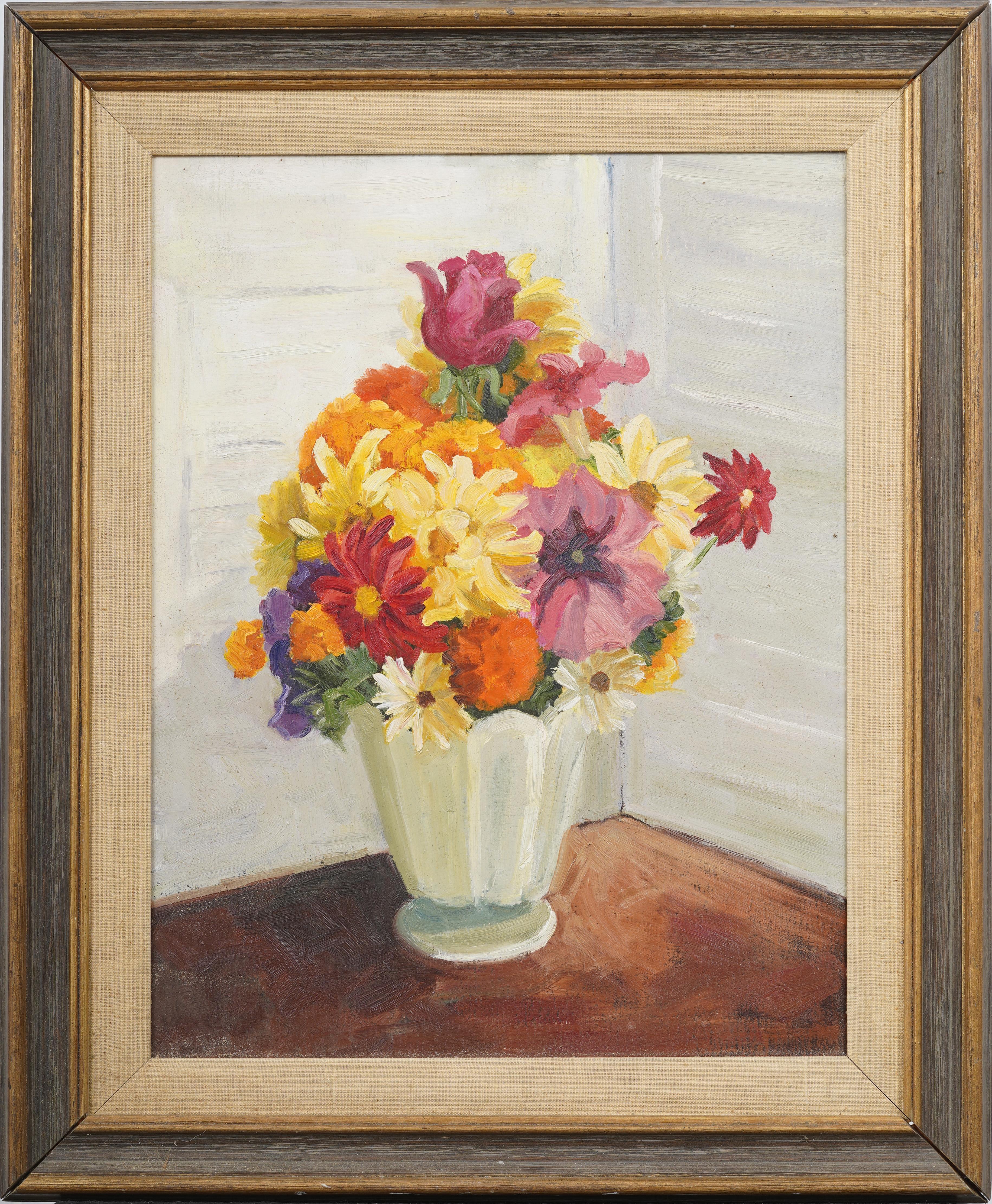 Antique American School Framed Impressionist Flower Still Life Oil Painting - Brown Still-Life Painting by Unknown