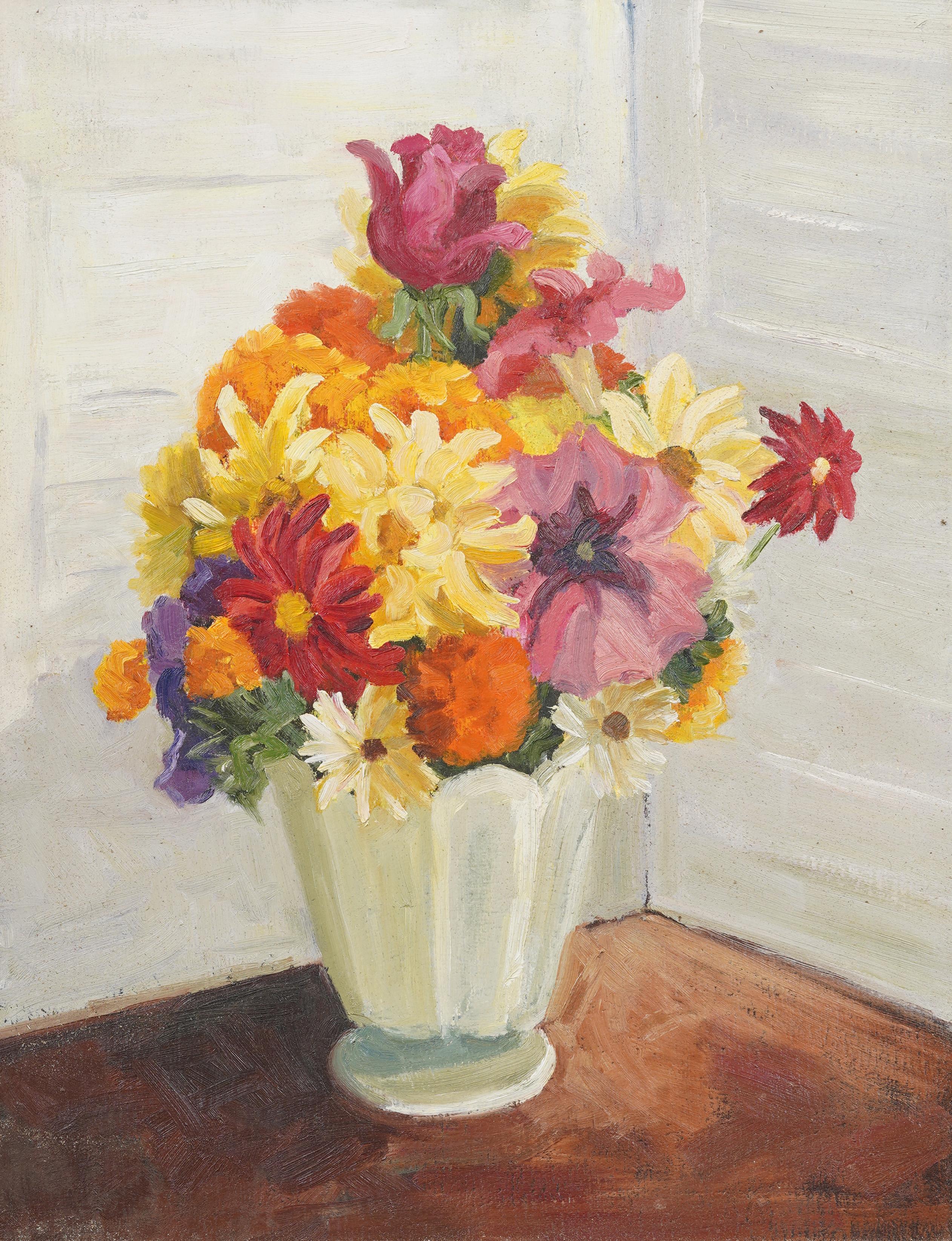 Antique American impressionist still life oil painting. Oil on board.   Framed. .  In excellent original condition. Handsomely framed in a  giltwood molding.  Excellent condition, ready to hang and enjoy. 