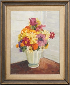 Antique American School Framed Impressionist Flower Still Life Oil Painting