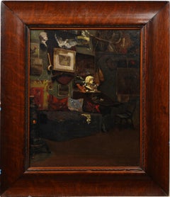 Ancienne peinture à l'huile de l'école américaine encadrée Scène d'intérieur signée par l'artiste Studio A